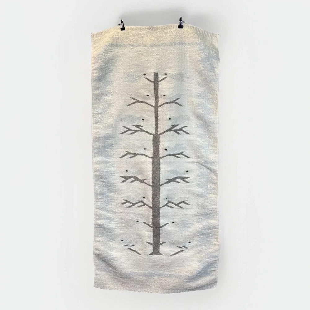Tree of Life Navajo Style Rug Tapestry Folk Art Southwestern Blue Cream 26